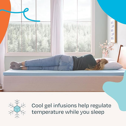 LINENSPA Memory Foam Mattress Topper - 2 Inch Gel Infused Memory Foam - Plush Feel - Cooling and Pressure Relieving - CertiPUR Certified - Dorm Room Essentials - Short Queen Size