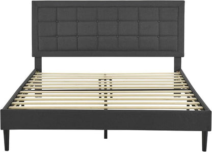 Decoro Mornington Upholstered 2.0 Platform Bed, Button-Tufted Fabric Headboard and Metal Frame with Wood Slat Support, Dark Grey, Queen