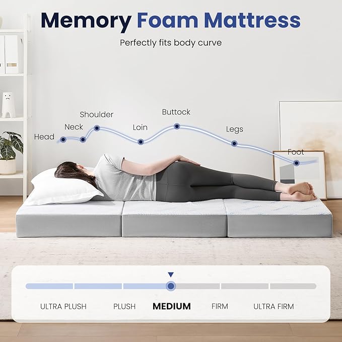 Foldable Mattress Twin 6 inch -Portable White Memory Foam Folding Matress with Washable Cover for Camping Travel Guest Room Home Use-Non-Slip&Easy Storage