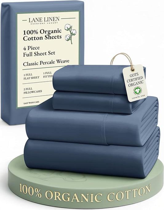 LANE LINEN Eco Friendly 100% Organic Cotton Fully Elasticized Full Sheet Set, Low Pilling Fade Resistant Machine Washable Naturally Cooling Full Bed Sheets, Soft & Comfy Cotton Bedding - Estate Blue