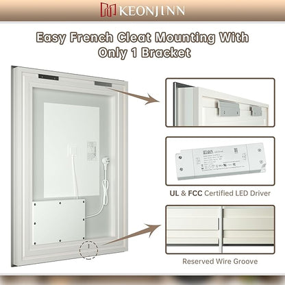 Keonjinn LED Bathroom Mirror with lights, 55" x 30" with Frontlit and Backlit, Stepless 3 Colors Temperature & Dimmable Large Tempered Glass Mirror, UL Listed LED Driver Double LED Strip Vanity Mirror