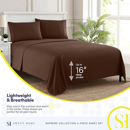 RV Queen Bed Sheets - Breathable Luxury Sheets with Full Elastic & Secure Corner Straps Built In - 1800 Supreme Collection Extra Soft Deep Pocket Bedding Set, Sheet Set, RV Short Queen, Brown