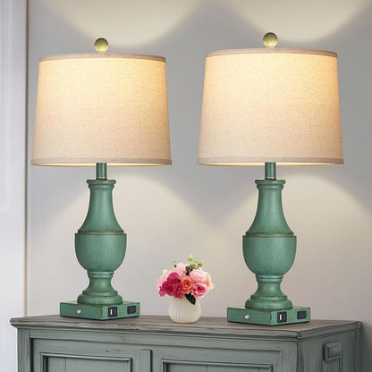 Farmhouse Table Lamp Set of 2, Rustic Touch Control 3-Way Dimmable Lamps with USB A+C Charging Ports & AC Outlet, Vintage Retro Antique Bedside Lamp for Living Room Bedrooms Nightstand Green