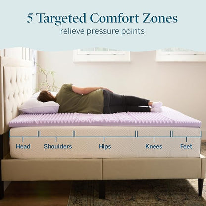 LUCID Lavender Infused 2 Inch Memory Foam Mattress Topper with 5 Zones – California King Size – Plush Feel – CertiPUR Certified – Dorm Room Essentials
