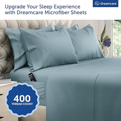 DREAMCARE Queen Sheet Set – 6 pcs Cooling Bed Sheets – up to 21” Deep Pocket Queen Sheets Set – 2500 Supreme Collection – Extra Soft 100% Brushed Microfiber Hotel Luxury with Side Pocket -Mineral Blue