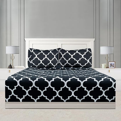 Mejoroom King Bed Sheet Set - Super Soft Brushed Microfiber 1800 Thread Count Sheets with 15 inch Deep Pocket - Wrinkle Free - 4 Piece(King, Black Quatrefoil with White Pattern)