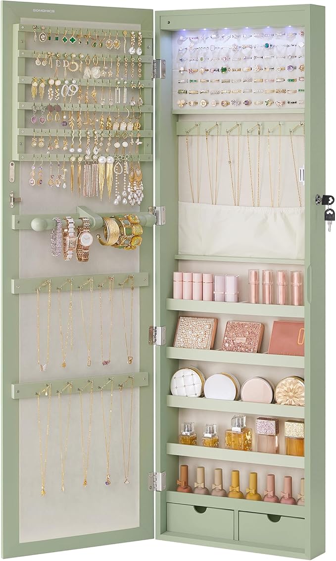 SONGMICS 6 LEDs Mirror Jewelry Cabinet, 47.2-Inch Tall Lockable Wall or Door Mounted Jewelry Armoire Organizer with Mirror, 2 Drawers, Christmas Gift, 3.9 x 14.6 x 47.2 Inches, Laurel Green
