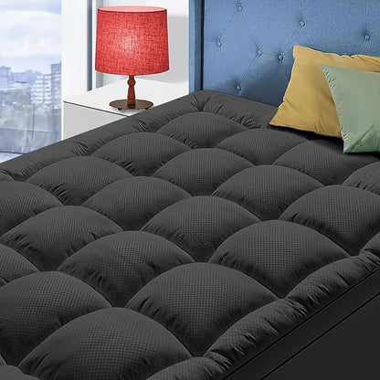 California King Mattress Topper for Back Pain, Cooling Extra Thick Mattress Pad Cover with 8-21 inch Deep Pocket, Plush Pillow Top Mattress Topper Overfilled with Down Alternative,Cal King,Black
