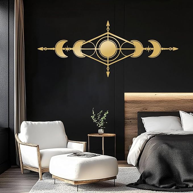 Hfrolixit Moon Phase Metal Wall Decor, Boho Moon Metal Wall Art, Celestial Wall Decor, Scandinavian Natural Wall Art, Astrology Wall Hanging (Gold, 48"x19"/121x49cm)