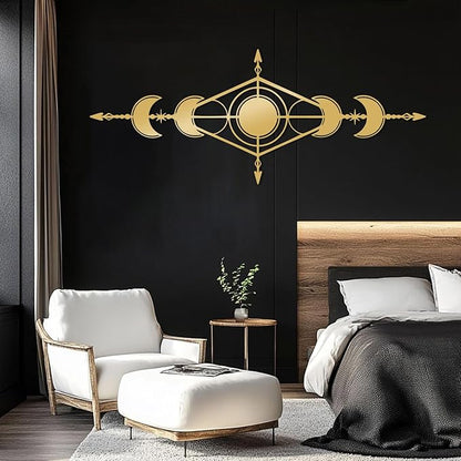 Hfrolixit Moon Phase Metal Wall Decor, Boho Moon Metal Wall Art, Celestial Wall Decor, Scandinavian Natural Wall Art, Astrology Wall Hanging (White, 48"x19"/121x49cm)