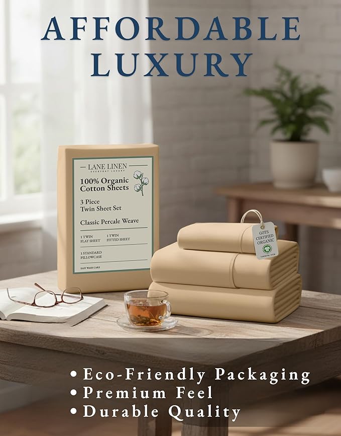 LANE LINEN 100% Organic Cotton Twin Size Bed Sheets, Fully Elasticized Mercerised Cotton Bed Sheet Set, Soft & Comfy Low Pill Face Resistant Bedding Sheets & Pillowcase Set- Linen