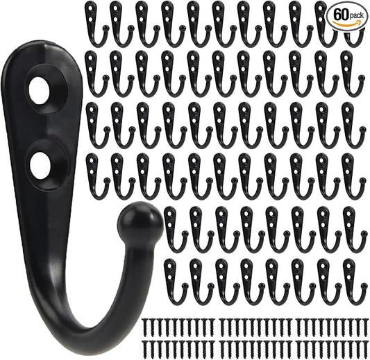 60 Pack Wall Hooks for Hanging, Heavy Duty Small Coat Hooks Wall Mounted for Living Room, Bathroom, Kitchen, Bedroom for Key, Cup, Bag, Hat, Scarf, and More (Black)