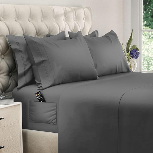 DREAMCARE Queen Sheet Set – 6 pcs Cooling Bed Sheets – up to 15” Deep Sheets Queen Size Bed Set – 2500 Supreme Collection – Extra Soft 100% Brushed Microfiber Hotel Luxury with Side Pocket – D Gray