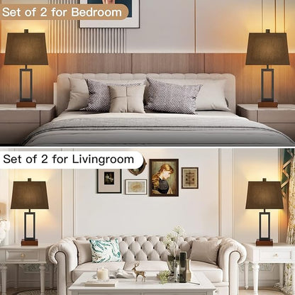 Touch Control Table Lamps Set of 2, Modern Bedside Lamps with 2 USB Charging Ports & AC Outlet, 3-Way Dimmable Wood Nightstand Lamp for Living Room Bedroom End Table Office Black(2 LED Bulbs Included)