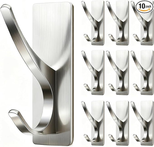 Self Adhesive Coat Hooks for Hanging: Heavy Duty Stainless Wall Hook for Towel, Backpack, Hat, Sturdy Metal Hanger for Bathroom, Bedroom, Door, Brushed Nickel 10 Pack
