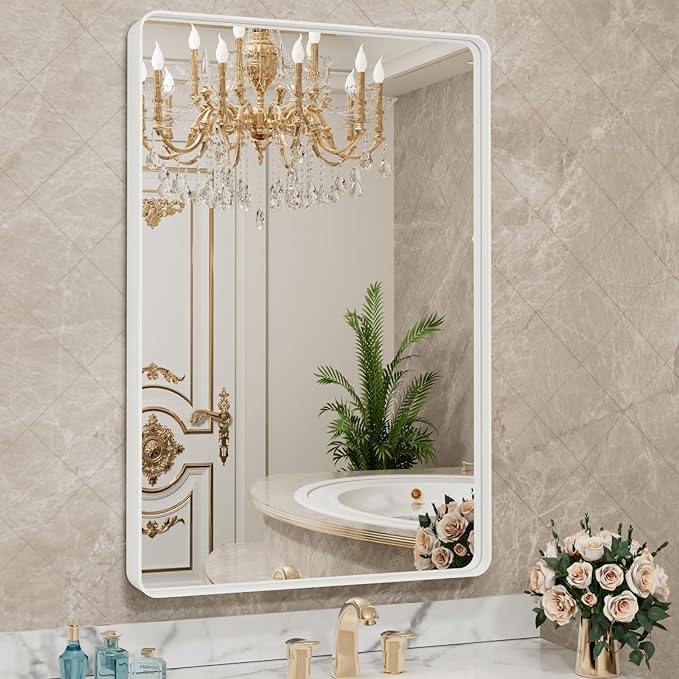 LOAAO 20x30 Inch White Metal Framed Bathroom Mirror for Wall, White Bathroom Vanity Mirror Farmhouse, Large Rounded Rectangle Mirror, Anti-Rust, Hangs Horizontally or Vertically