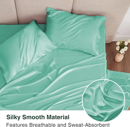 Love's cabin Twin Satin Sheets Sets - 3 Piece Aqua Silky ed Sheets with Deep Pockets, Luxury Silk Feel Satin Twin Size Sheet Set Bedding Set (1 Flat Sheet,1 Fitted Sheet,1 Pillow case)