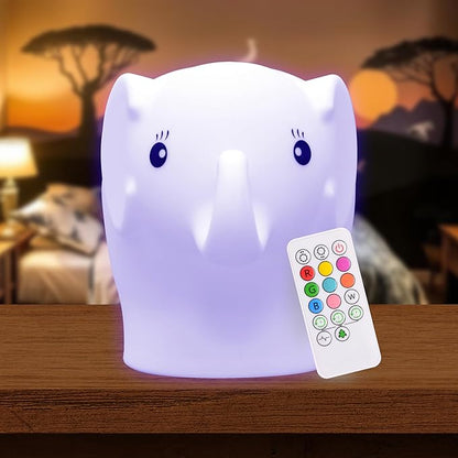 LumiPets Eggbert the Elephant Squishy Night Light for Kids | Silicone Nightlight with Tap, Remote Control | Rechargeable Color Changing Animal Light for Girls & Boys | Portable Mood Lamp With USB Cord