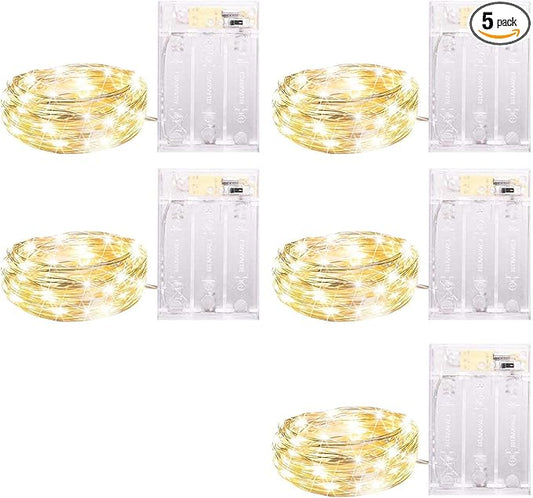 5 Pack Fairy Lights Battery Operated, 7 Feet 20 Led String Lights with Timer, Waterproof Firefly Lights on Silver Wire for Home Party Wedding Christmas Decorations, 6 Hours on/18 Hours Off, Warm White