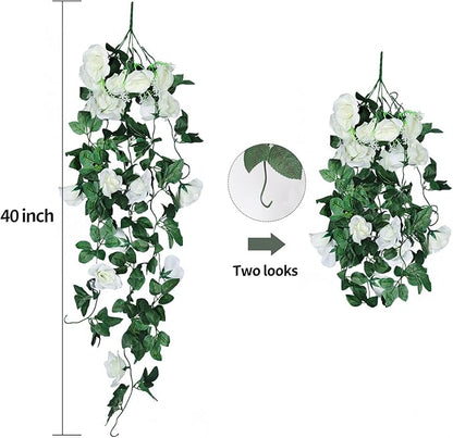 RECUTMS Artificial Rose Vine Plants Hanging 4Pieces 3.3Ft,Fake Light up Vines with 30 LED Lights Decor for Home, Office,Room, Door, Garden,Porch, Wedding Decoration (White)