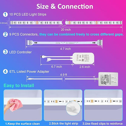 maylit 10 PCS Smart RGB Under Cabinet Lights Kit, Compatible with Alexa and Google Assistant, App and Remote Control, Music Sync Color Changing, Timer, Dimmable, for Cabinet, Counter, Shelf, Bookcase