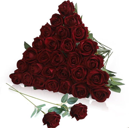 30pcs Fake Roses Artificial Silk Flowers Long Stems Bouquet for Wedding Bridal Shower Party Home Decoration(Wine Red)
