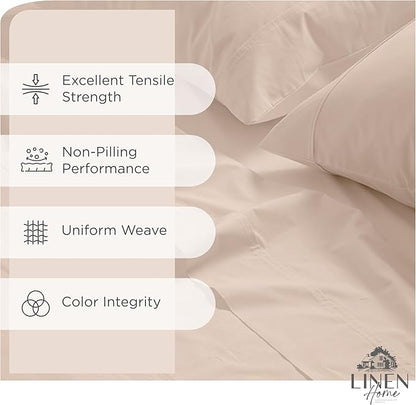 Linen Home 100% Cotton Percale Sheets King Size, Sand Shell, Deep Pocket, 4 Pieces Set - 1 Flat, 1 Deep Pocket Fitted Sheet and 2 Pillowcases, Crisp Cool and Strong Bed Linen