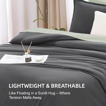 Litanika Comforter Set Dark Grey Oversized King Size, 3 Pieces Lightweight Solid Bedding Comforter Set, All Season Fluffy Bed Set (120x98In Comforter & 2 Pillowcases)