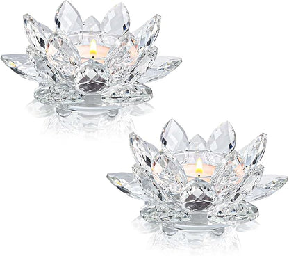 Crystal Lotus Flower Tealight Candle Holders/Glass Tea Light Candlestick Decor Decoration for Christmas Home Wedding Party… (Clean 2pcs)
