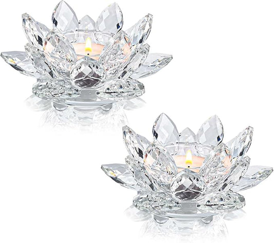 Crystal Lotus Flower Tealight Candle Holders/Glass Tea Light Candlestick Decor Decoration for Christmas Home Wedding Party… (Clean 2pcs)