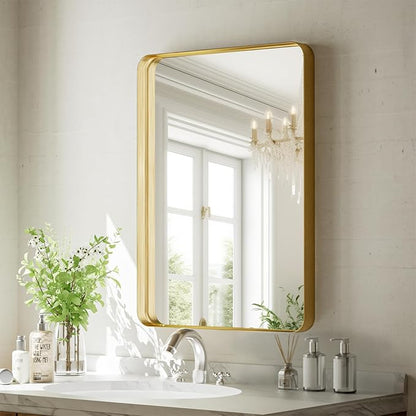 VooBang Bathroom Mirror 20x30 inch, Gold Gorgeous Deep Frame Wall Mirror, Modern Round Corner Bathroom Vanity Mirror for Bedroom, Living Room, Hanging or Leaning Horizontal or Vertical, Gold