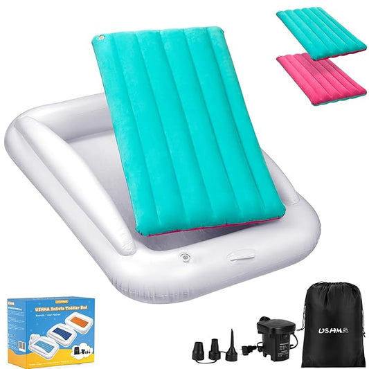 Inflatable Toddler Travel Bed, Portable Toddler Bed | Kids Air Mattress with Sides | Reversible 2 Colors Kids Blow Up Mattress -Mint Green & Pink