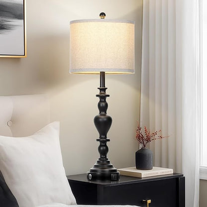 27" Vintage Table Lamps for Living Room Set of 2, Farmhouse Rustic Nightstand Lamps with USB C+A Ports, 3-Way Dimmable Bedside Lamp for Bedrooms Office Dorm, 2 LED Bulbs Included Washed Antique Black