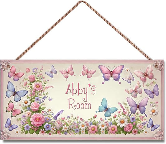 Personalized Sign Butterfly Wooden Sign For Kids Room Boys Bedroom Door Decor,Custom Name Flowers Wall Art Decor Decorative Plate for Nursery Little Man Cave