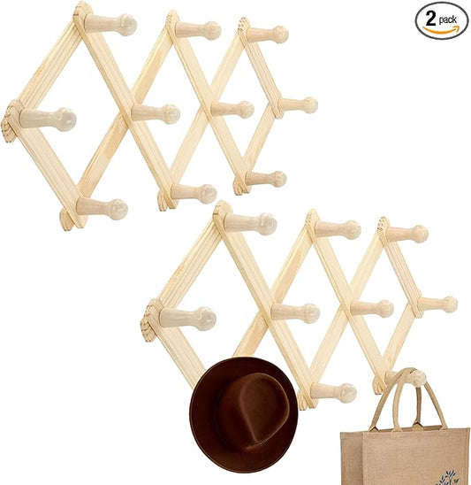 RAM-PRO Accordion Style Wood Expandable Rack Hat, Cap, Belt, Umbrella Coffee Mug Wall wooden Pegs (Set of 2)