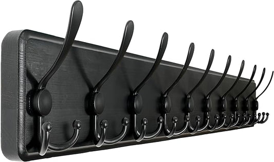 WEBI Coat Rack Wall Mount,38 9/16" Long,10 Tri Hooks for Hanging Coats,16" Hole to Hole,Coat Hooks Wall Mounted Coat Hanger,Wood Hook Rack for Clothes,Jacket,Hats,Rustic Black