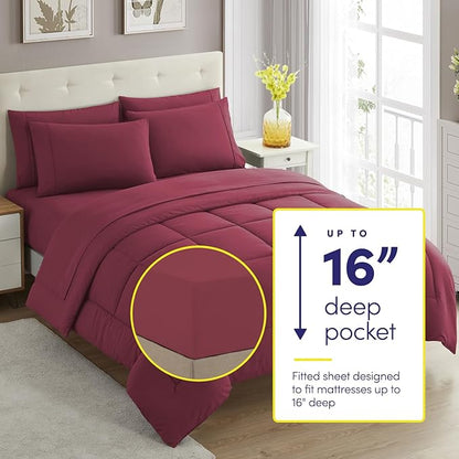 Sweet Home Collection 7 Piece Comforter Set Bag Solid Color All Season Soft Down Alternative Blanket & Luxurious Microfiber Bed Sheets, Burgundy, Queen
