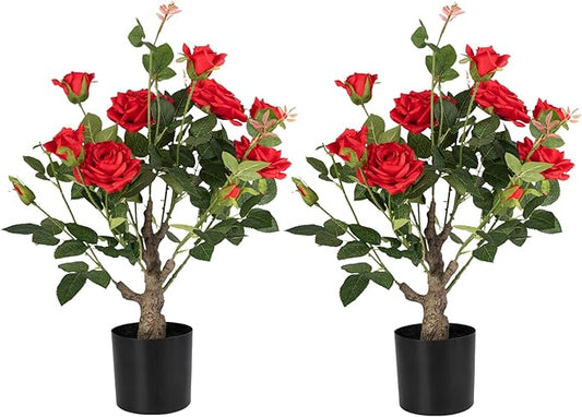 Artificial Rose Flower Trees 2 Pack- 24’’ Lifelike Plant in Pot with Red Flowers Decorative Rose Trees for Home, Office, Wedding, and Event Decor, Red