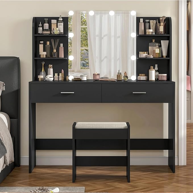 usikey Vanity Desk with Mirror and Lights, Vanity Makeup Table Set with 2 Drawers & 6 Open Shelves, Makeup Vanity Desk Dressing Table with Cushioned Stool, Black