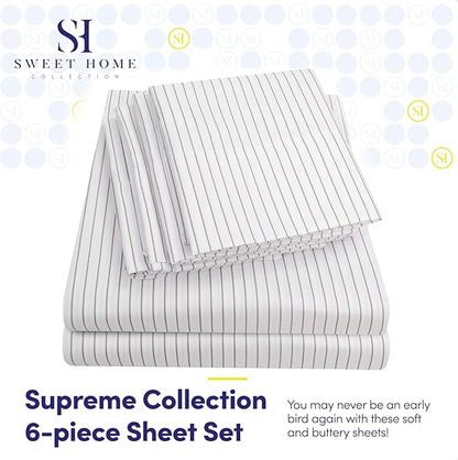 Queen Sheets Pinstripe White - 6 Piece 1500 Supreme Collection Fine Brushed Microfiber Deep Pocket Queen Sheet Set Bedding - 2 Extra Pillow Cases, Great Value, Queen, Pinstripe White