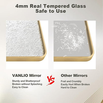 60x36 Inch Gold Framed Bathroom Mirror, Rectangle Brushed Gold Metal Vanity Mirror, Gold Rectangle Mirror for Wall, Rounded Corner, Tempered Glass, Anti-Rust, Shatterproof (Horizontal/Vertical)