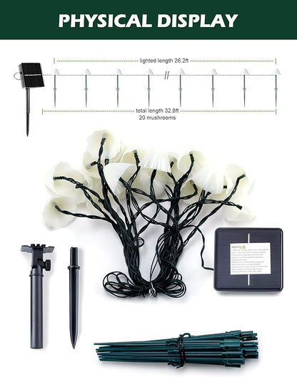 Solar Mushroom Garden Lights for Outside, 20 LED 32.8FT Solar Pathway Lights Outdoor Waterproof for Fence with 8 Lighting Modes for Patio Yard Decorative