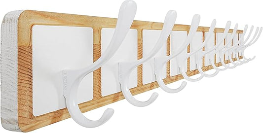 SKOLOO Coat Rack Wall Mount - Scandi-Style Wooden Carved-Block Coat Hook, Wall Coat Hanger with 10 Hooks for Hanging Coats, Hats, Clothing, Scarfs, Natural & White