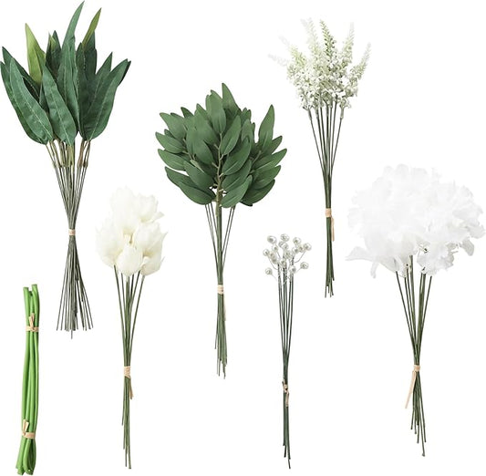 Floroom Artificial Greenery Stems Box Set, 76pcs with 6 Kinds of Faux Greenery Flowers Picks for DIY Bridal Bouquets Wedding Floral Arrangement Table Centerpieces, Green & White