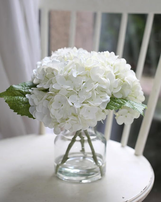 Real Touch Artificial Flowers Whith White Hydrangea in Vase for Home Decoration, Fake Flowers Centerpieces for Tables, Lifelike Fake Hydrangea in Vase for Bathroom, Office and Water Bar