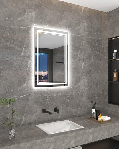 24x36 Inch Bathroom Mirror with Lights, LED Vanity Mirror for Bathroom Wall Mounted with Threefold Brightness by 2 Front Lights & 1 Backlit, Anti-Fog, Stepless Adjusted, Unbreakable Tempered Glass