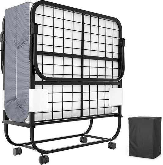 Karcog Folding Bed with Mattress, Storage Cover Included, Cot Size Extra Rollaway Guest Bed for Adults, with Memory Foam Mattress and Sturdy Metal Frame on Wheels, 75” x 31"