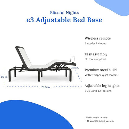 Blissful Nights e3 King Adjustable Bed Base Frame with 10" Medium Firm Gel Infused Memory Foam Mattress
