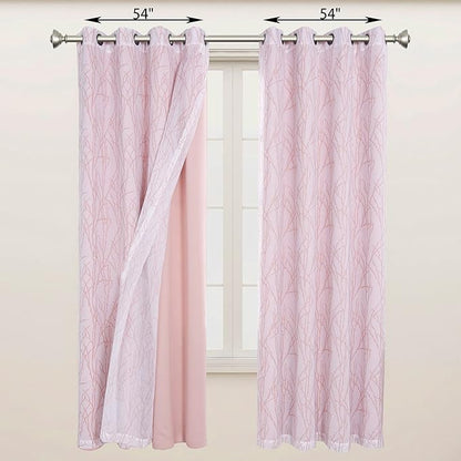BONZER Mix and Match Curtains - 2 Pieces Branch Print Sheer Curtains and 2 Pieces Blackout Curtains for Bedroom Living Room Grommet Window Drapes, 54x63 Inch/Panel, Blush, Set of 4 Panels