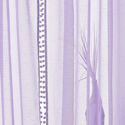 Treatmentex Pom-Pom Sheer Curtains for Girl's Bedroom 84 inches Long Voile Curtain Panels Rod Pocket Lilac 52" w x 2pc